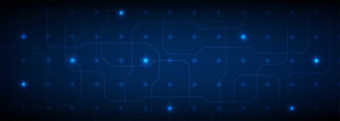 Fototapeta premium Vector illustration of abstract blue futuristic wide background with random glowing dots on grid and hi tech digital circuits.Futuristic design concepts.