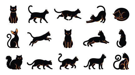 Fototapeta premium Set of various black cat silhouettes in different poses isolated on a white background for design projects
