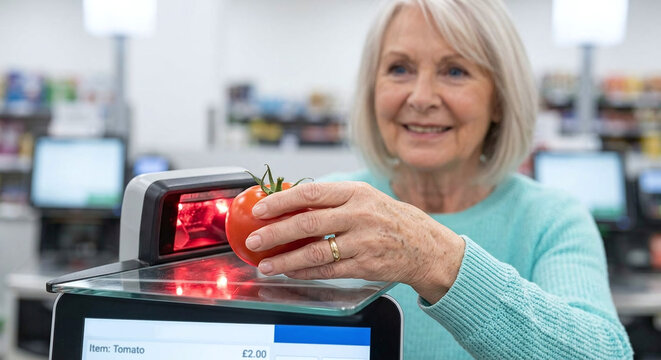Smiling Senior Woman Scanning A Fresh Red Tomato At A Self Service Checkout Terminal In A Modern Supermarket