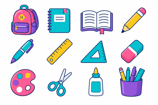 Brightly colored school supplies arranged neatly. Each item shows playful, simple design with bold outlines. Perfect for educational themes, back-to-school promotions, or children's content