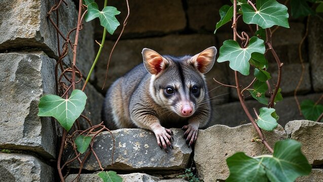 Curious possum peeking over a rustic garden wall