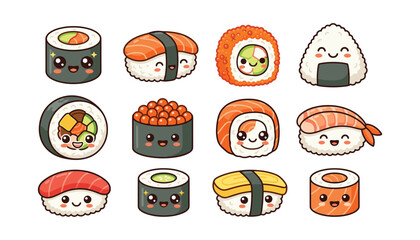 Cute sushi kawaii vector character set with cartoon maki roll nigiri onigiri japanese food on white background © mdhaider