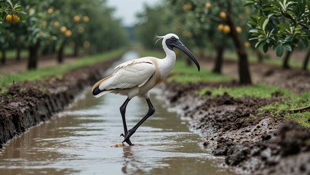 White ibis wading through shallow orchard irrigation ditch