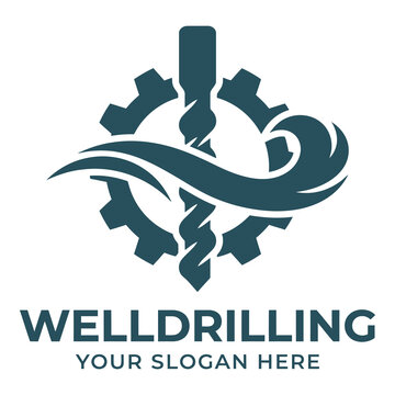 Well drilling logo template with gear and drill bit design elements icon