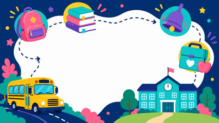 Naklejka premium Bright cartoon school bus drives to blue school building. Books, backpacks, and a bell float above a wavy line. Children's items suggest playful, joyful learning moments