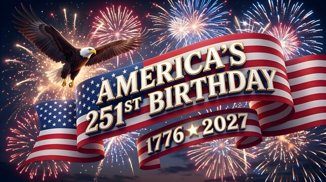 America's 251st Birthday Celebration Background with Bald Eagle, US Flag Ribbon, and Fireworks 1776-2027