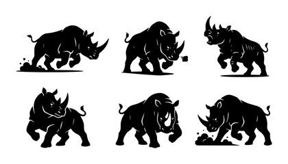 Rhino Silhouette Collection, Powerful Wildlife Vector Icons, African Safari Animal Graphics, Majestic Mammal Design Elements © Imran