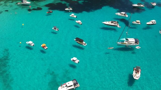 Multiple Yachts Anchored in a Stunning Turquoise Bay Drone Footage Cala Macarella Menorca Spain Balearic Islands