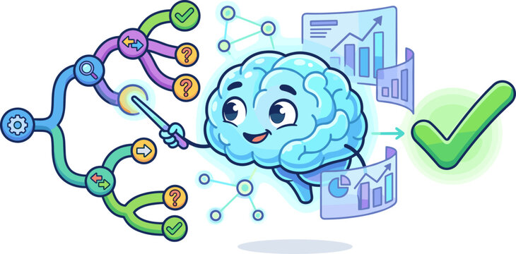 Cartoon brain character analyzing data and decision tree paths with charts and graphs