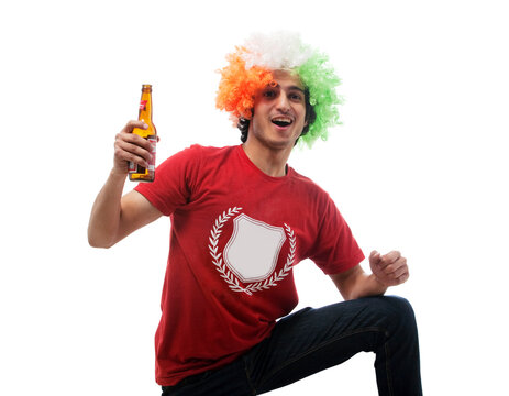 Boy with a wig holding a beer bottle 