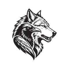 Fototapeta premium Black and white illustration of a wolf head combined with a raven profile.
