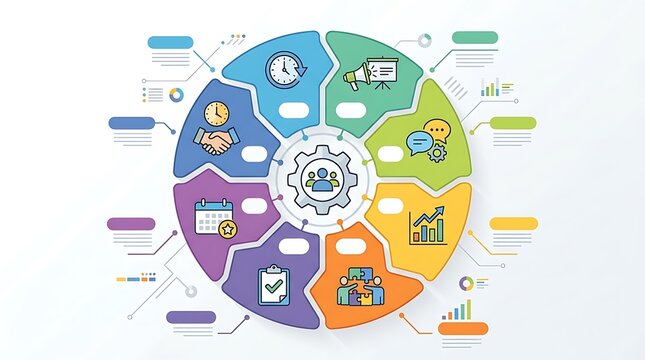 Business process cycle with eight colorful stages and icons