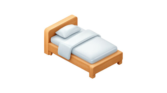 Cozy wooden bed icon with soft white pillow and blanket rendered in three dimensional style for furniture interior design on white background