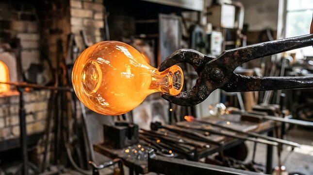 Molten glass being shaped with metal tongs in a traditional workshop
