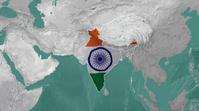 Animated Map Zoom to India, Highlighting Country Borders With Flag