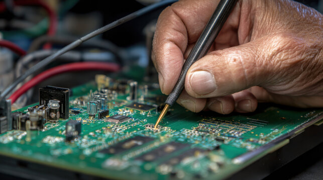 Technician hand using a multimeter probe to test a green electronic circuit board in a repair workshop