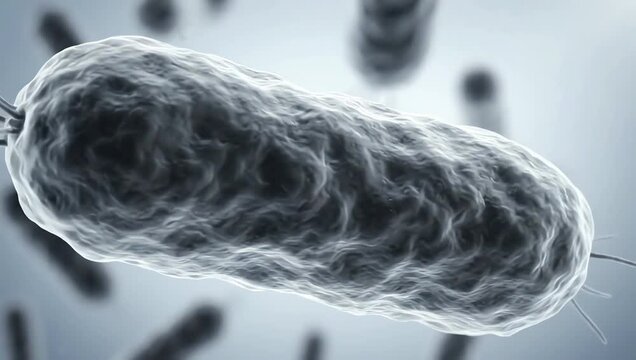 Several bacteria moving extremely slowly through fluid with subtle natural rotation and gentle membrane motion