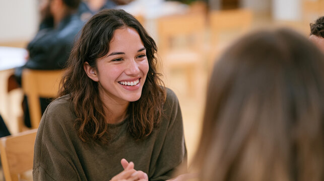 Friendly Volunteer Smiling and Inviting Newcomer to Sit in Modern Church
