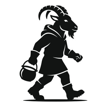 Black silhouette of goat headed man carrying pot walking alone icon