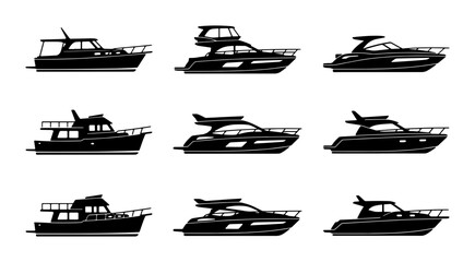Set of Nine Black Motor Yacht Icons, Luxury Speedboat Illustrations, Sleek Yacht Vector Graphics for Marine and Nautical Themes © Nusrat