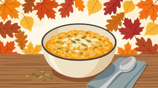 Against the backdrop of autumn leaves, a bowl of pumpkin risotto, topped with grated parmesan, sits invitingly. Flat vector illustration 2D forms, cle