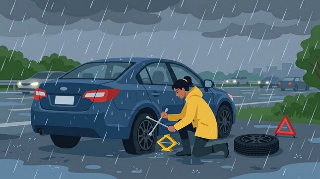 The driver is trying to fix a flat tire on their car while the rain continues to pour from the sky. Flat vector illustration 2D forms, clear silhouett