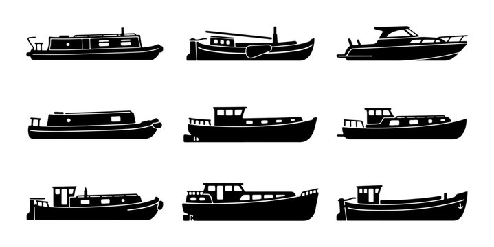 Canal Boat Silhouettes, Narrowboat Collection, River Barge Icons, Water Transport Vector Set