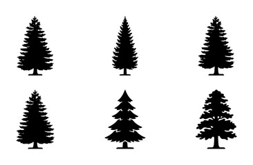 Obraz premium Conifer Tree Silhouettes Collection, Evergreen Pine Fir Spruce Vector Icons, Winter Forest Nature Graphics, Seasonal Woodland Elements
