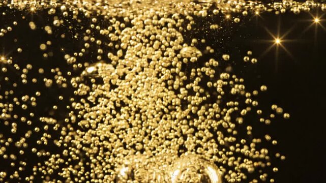 Golden Bubbles Rising in Liquid, Abstract Background