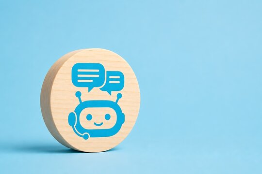 Wooden token with blue robot icon and chat bubbles on light blue background
