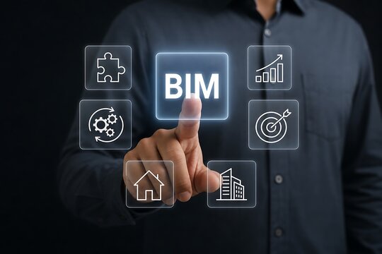 Business person interacting with bim building information modeling interface on screen
