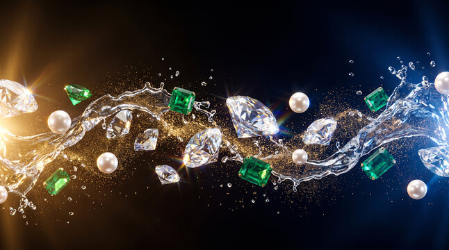 Flying diamonds banner with emeralds pearls gold dust and clear water splash on dark background with copy space