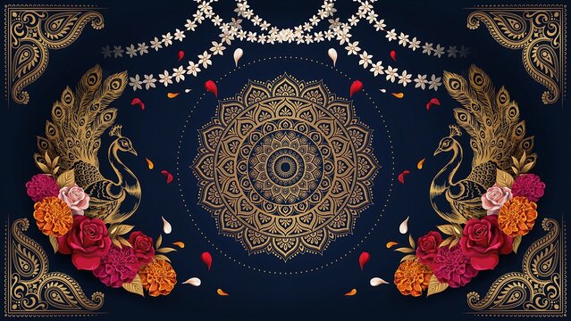 Elegant diwali background with golden mandala and floral elements featuring ample diwali background copy space for text