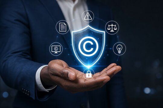 Businessman holding holographic copyright symbol with legal and security icons