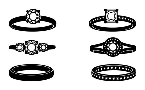 Elegant Diamond Ring Icons, Engagement Jewelry Vector Set, Precious Gemstone Wedding Bands, Luxury Accessory Graphics