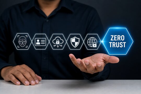 Businessman presenting zero trust cybersecurity concept with digital icons