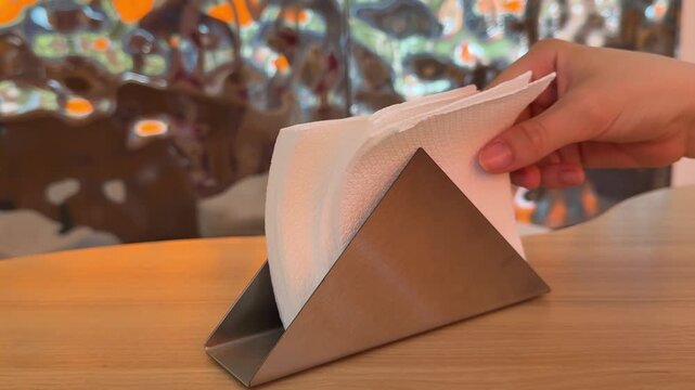 A hand gently pulls a paper napkin from a tabletop dispenser on a wooden table, highlighting restaurant dining etiquette, table setting and everyday cafe service. Close up.