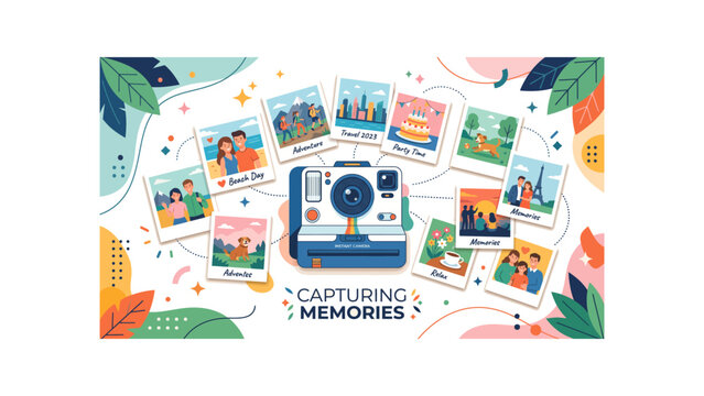 Instant camera captures cherished moments and vibrant memories in a nostalgic collage.