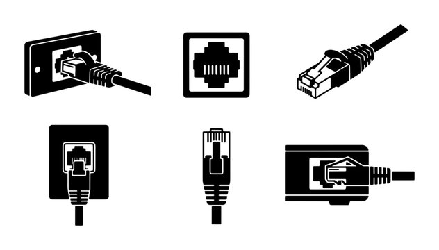 Ethernet Network Cable Connectors and Jacks, RJ45 Plug and Port Icons, Network Technology and Connectivity Symbols, Vector Set