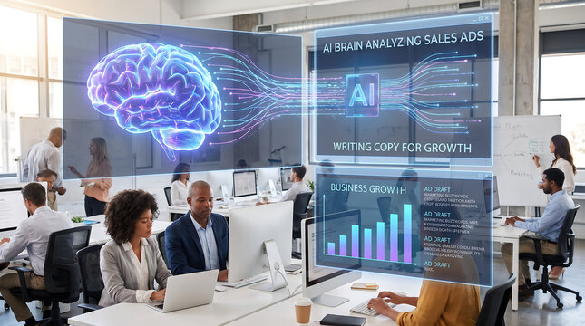 Modern team using artificial intelligence brain for writing sales ads and analyzing business growth