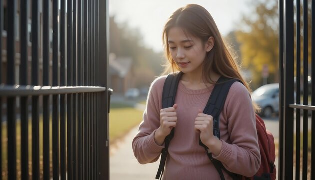 Teen student entering school gate in soft sunlight