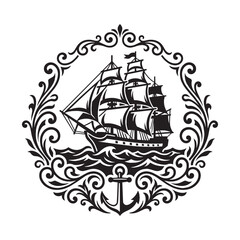 Fototapeta premium Victorian Ornamental Ship Illustration with Filigree Scrollwork and Anchor, Nautical Flourish Frame Emblem