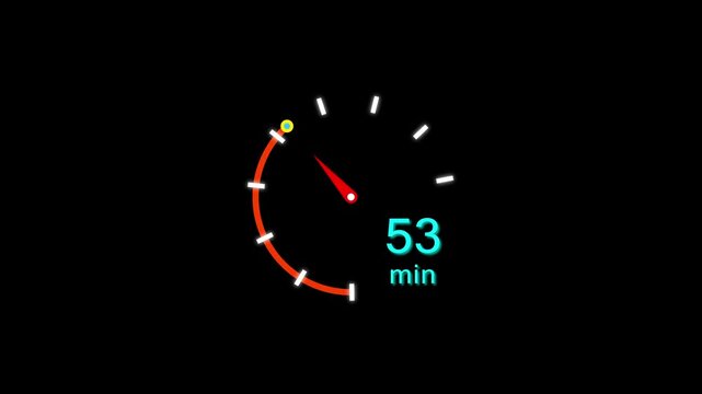 53 Min clock icon animation. 53 minute animation on black background and creating a stunning 4k video.