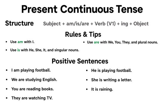 Present Continuous Tense Positive Sentences Grammar Infographic for English Learning