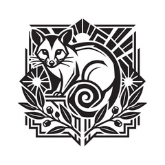 Fototapeta premium Vintage Art Deco Opossum Graphic: Geometric Luxury Ornamental Animal Illustration with Floral Accents in Black and White