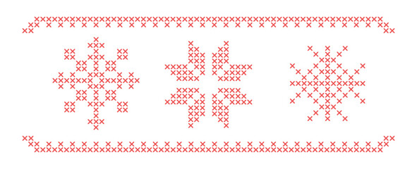 Plakat Red monochrome cross stitch embroidery traditional border elements vector set, delicate snowflakes and geometric ornaments with adjustable stitch thickness, classic rustic needlecraft craft motifs