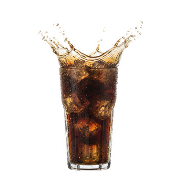 Cylindrical frosted glass with vertical ribbing, condensation, dark cola, and ice exploding in a high-speed crown splash against a transparent background, concept for beverage advertising