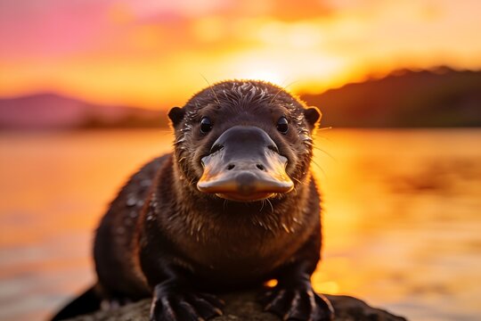 Curious platypus close-up resting on rock with fiery sunset lake and mountains behind it