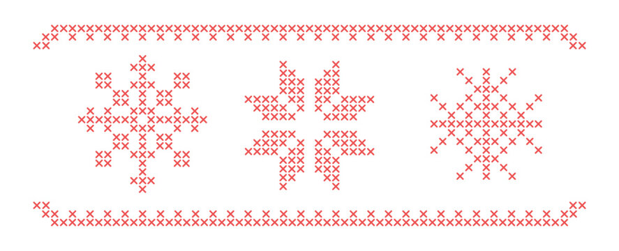 Red monochrome cross stitch embroidery traditional border elements vector set, delicate snowflakes and geometric ornaments with adjustable stitch thickness, classic rustic needlecraft craft motifs