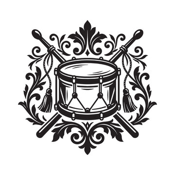 Victorian Drum Illustration with Ornate Scrollwork, Filigree, and Decorative Flourish Elements